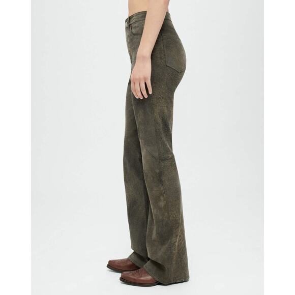 Re/Done 70s Lamb Leather Stretch Bootcut Seamed Leather Pants Olive Size 25 NWT - Picture 3 of 11
